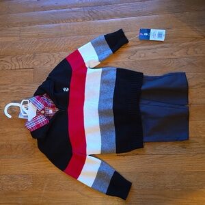 IZOD TODDLER BOYS 3 PIECE OUTFIT, RED PLAID SHIRT, SWEATER & GRAY PANTS SIZE 2T